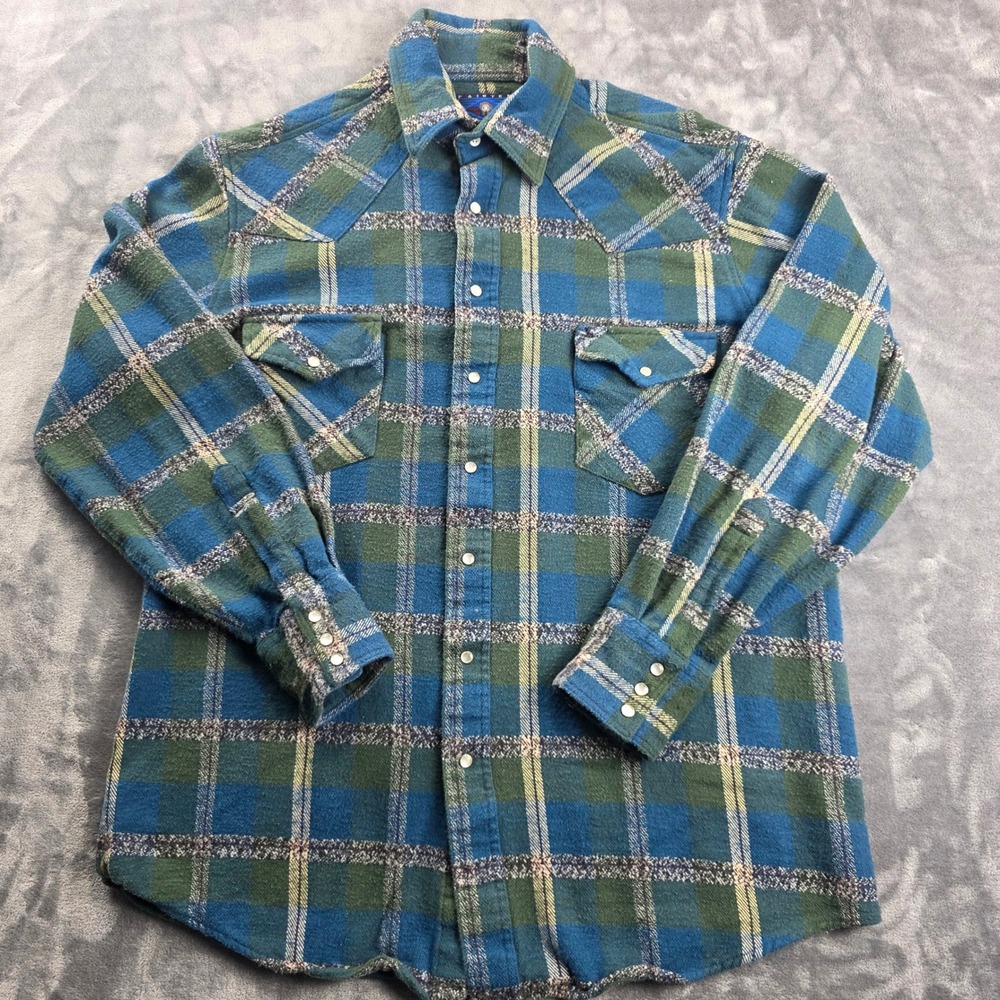 VTG Painted Mesa Flannel Shirt Mens LT Blue Green Plaid Western‎ Pearl Snap 90s